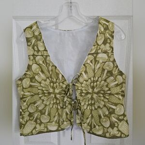 Upcycled Tie Front Top, Gorgeous Olive Green Mushroom Print, Med, Boho, Hippie